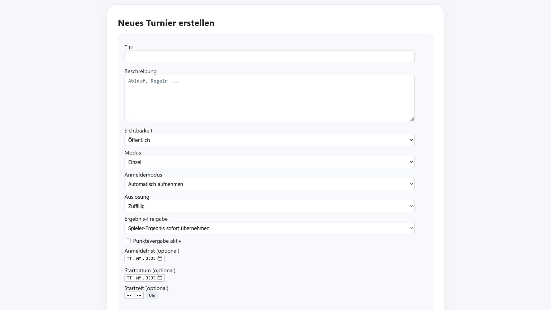 Turnier erstellen – Light Ansicht